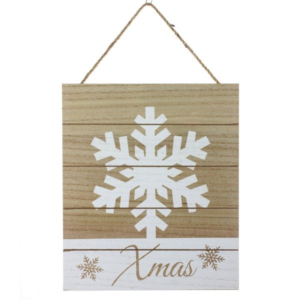Χριστουγεννιάτικο Ξύλινο Κάδρο, με Λευκή Χιονονιφάδα και "Xmas" (30x25cm)